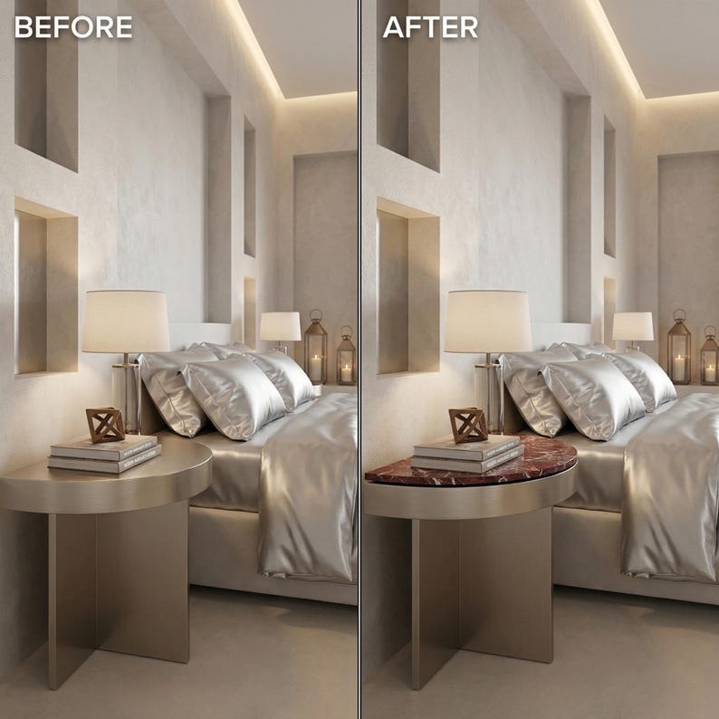 May include: A before-and-after image of a bedroom. The 'before' image shows a silver side table with books and a lamp. The 'after' image shows the same table with a red marble top and books. The bed has silver bedding.