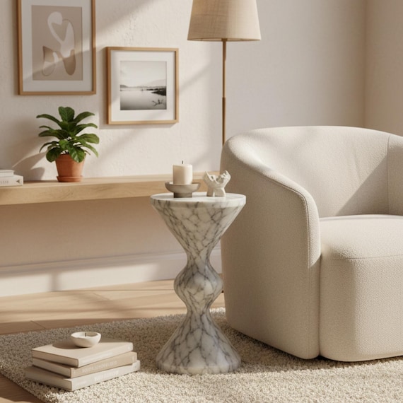 Carrara Marble Sculptural Side Table Hourglass Pedestal Accent Living Room Sofa Stand
