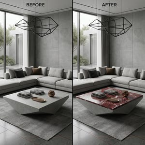 May include: A before-and-after image of a modern living room. The 'before' image shows a gray concrete coffee table, while the 'after' image features a red marble coffee table. The room includes a gray sectional sofa, a geometric chandelier, and a gray rug.