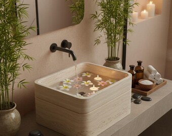 Lavabo rectangular de travertino, lavabo de piedra para baño, moderno y minimalista.