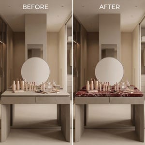 May include: A before-and-after image of a vanity table. The "before" image shows a beige table with beauty products. The "after" image shows the same table with a red marble top and beauty products. The text "BEFORE" and "AFTER" are at the top.