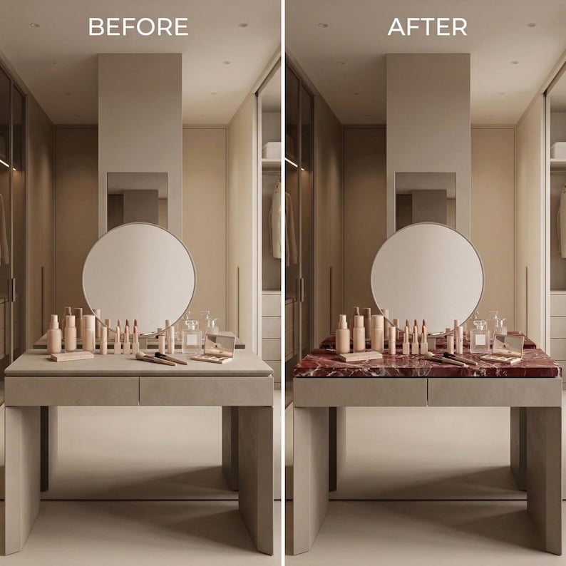 May include: A before-and-after image of a vanity table. The "before" image shows a beige table with beauty products. The "after" image shows the same table with a red marble top and beauty products. The text "BEFORE" and "AFTER" are at the top.