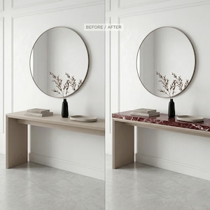 May include: A before and after image of a modern console table with a round mirror. The left side shows a light wood table with a beige finish, while the right side features a red marble top. A black vase and decorative items are on the table.