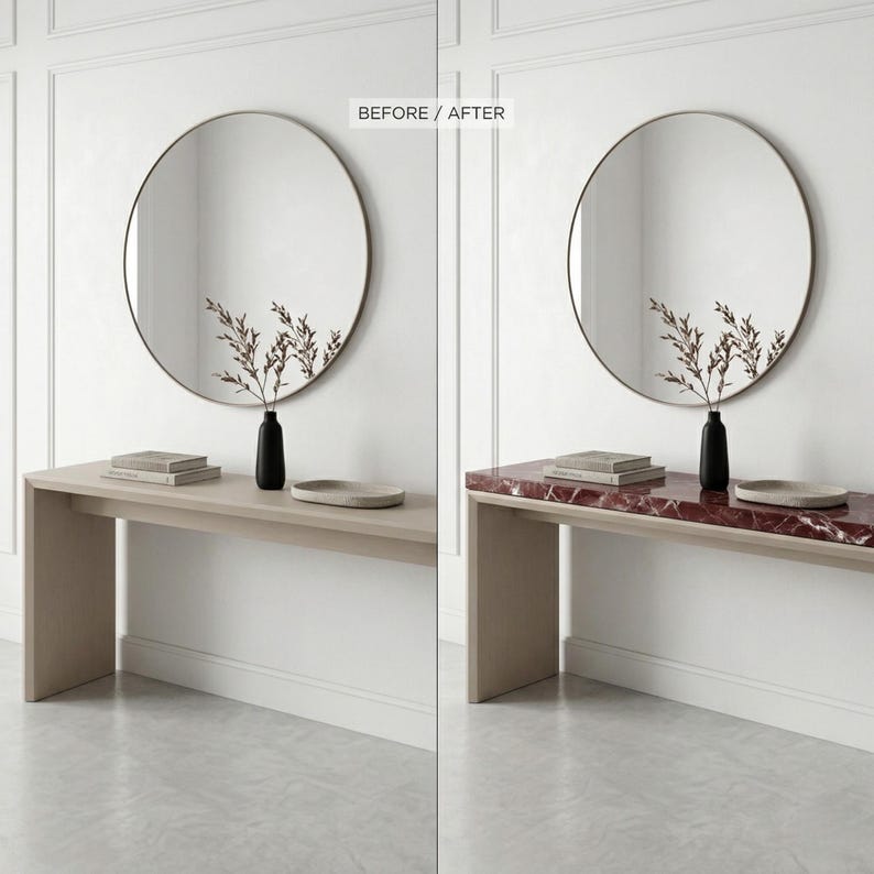 May include: A before and after image of a modern console table with a round mirror. The left side shows a light wood table with a beige finish, while the right side features a red marble top. A black vase and decorative items are on the table.