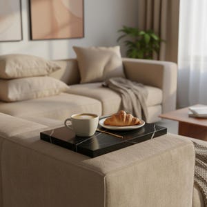 Puede incluir: Una bandeja de mármol negro con una taza de café y un cruasán en un plato blanco. La bandeja está sobre un sofá beige, con almohadas y una manta en el fondo. Una cuchara dorada está al lado del plato.