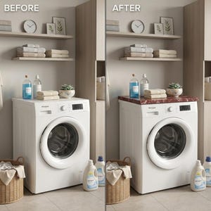 May include: A before-and-after image of a laundry room. The 'before' image shows a white Whirlpool washing machine with a plain top. The 'after' image shows the same machine with a red marble countertop. Shelves above hold towels, a clock, and decorative items.
