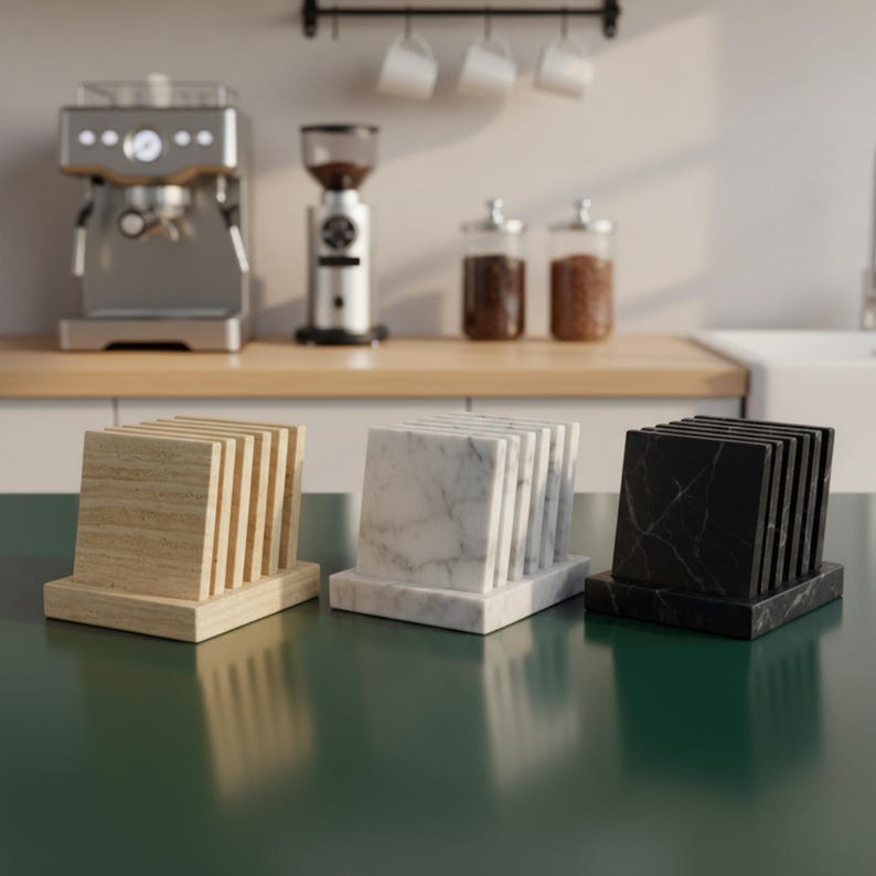 Puede incluir: Tres posavasos cuadrados en un entorno de cocina. Uno es de madera clara, otro de m&aacute;rmol blanco y el tercero de m&aacute;rmol negro. Cada posavasos tiene una base con ranuras verticales para sostener los posavasos. Una cafetera y un molinillo est&aacute;n en el fondo.
