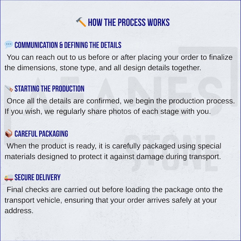 Puede incluir: Imagen que detalla el proceso: Comunicaci&oacute;n y Definici&oacute;n de los Detalles, Inicio de la Producci&oacute;n, Embalaje Cuidadoso y Entrega Segura. El texto explica cada paso, incluida la finalizaci&oacute;n de dimensiones y tipo de piedra.