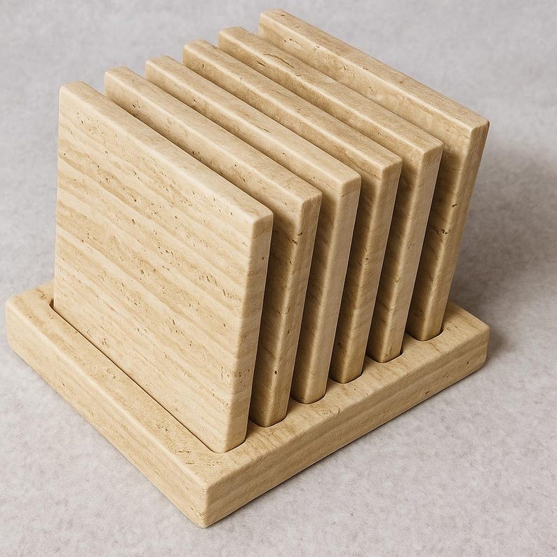 Puede incluir: Un juego de seis posavasos cuadrados de piedra beige claro, presentados en un soporte rectangular a juego. Los posavasos tienen un aspecto natural y texturizado, y el soporte tiene ranuras para mantenerlos en posici&oacute;n vertical.