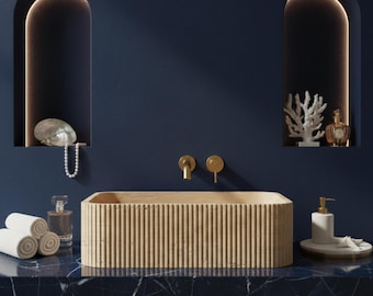 Lavabo rectangular de piedra travertino estriado para baño, lavabo moderno