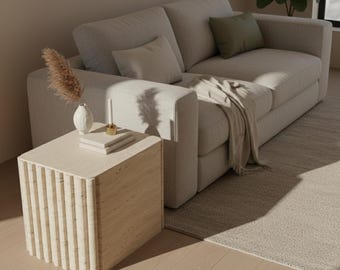 Mesa auxiliar de travertino estriado, moderna mesita de noche minimalista con acabado de piedra