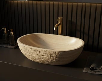 Lavabo de travertino ovalado para baño, lavabo de piedra natural.