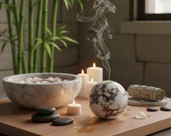 Quemador de incienso con esfera de mármol Calacatta Viola, portavelas de aromaterapia, cuenco decorativo