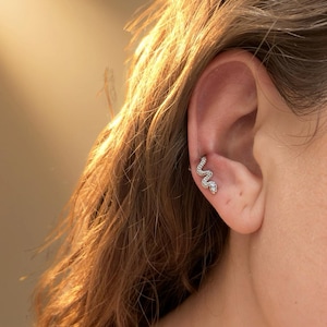 Könnte beinhalten: Ein silberfarbener Ohrschmuck in Schlangenform, besetzt mit kleinen, funkelnden Steinen. Der Ohrschmuck schmiegt sich an den Ohrrand an und ist ein stilvolles und einzigartiges Accessoire. Der Ohrschmuck wird am oberen Ohr getragen.