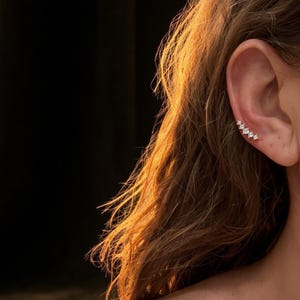 Könnte beinhalten: Ein zarter Ohrkletterer-Ohrring mit fünf klaren, funkelnden Steinen. Der Ohrring ist in einem dünnen, silberfarbenen Metall gefasst und verläuft entlang des Ohrs. Das Bild ist vor einem dunklen Hintergrund aufgenommen, wobei das Licht die Haare einfängt.