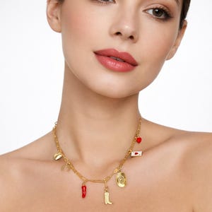Goldene Charm Halskette-Cowboy Boot, Cowboy Hut, Horseshoe, Chili, Herz Anhänger-Western Boho Necklace, Lucky Charm Chain, Statement Schmuck