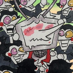 Może przedstawiać: Ilustracja breloków Spamtenna. Obraz przedstawia grupę postaci z kreskówek z czarnymi włosami, białymi twarzami i różowymi policzkami. Postacie noszą czarne garnitury i mają różne wyrazy twarzy. Tło to jasnozielony i żółty wzór w kratę.