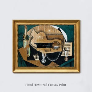 Juan Gris : A Guitar, Glasses and a Bottle (1913) - Hand-Textured Giclee Canvas Print Brushstroke Feel