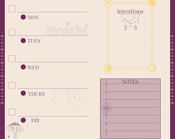 Peut inclure: Un planificateur hebdomadaire sur le thème mystique. Le design présente le texte "MYSTIC MOON" et "WEEKLY PLANNER". Il comprend des sections pour chaque jour de la semaine, un espace pour "Intentions" et "NOTES", avec des illustrations de lunes, de champignons et d'un chat.