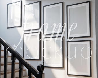 Minimal Stairwell Wall Art Mockup White Daylight Black Frames Printable Digital Mockup | 157