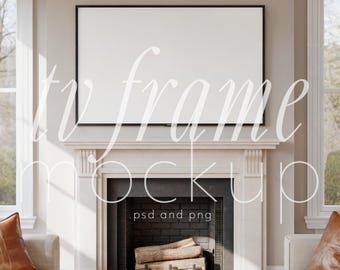 Cornice TV, accogliente soggiorno, camino, mockup, arte murale digitale stampabile, decorazione neutra / 170