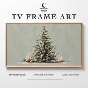 May include: TV Frame Art print featuring a Christmas tree with candles and ornaments. The artwork has a light green background and is framed in a light wood frame. The print is labeled "Midnight Bloom Prints".