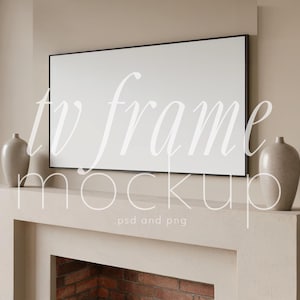 May include: A black framed TV mockup with the text "tv frame mockup" in white. Two beige vases sit on a white mantle below the TV. The mantle is above a brick fireplace.