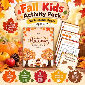 May include: A Fall Kids Activity Pack featuring 30 printable pages for ages 3-7. The set includes 5 tracing sheets, 5 counting sheets, 5 mazes, 5 handprint activities, and 10 coloring sheets, all decorated with autumn leaves and pumpkins.