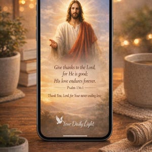 May include: A smartphone displays a religious image of Jesus with text from Psalm 136:1, "Give thanks to the Lord, for He is good; His love endures forever." The phone is on a wooden surface with a cross and other objects in the background.