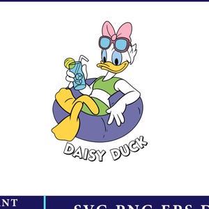 May include: A graphic illustration of Daisy Duck wearing a pink bow, blue sunglasses, and a green top, relaxing in a purple inflatable pool float while holding a blue drink with a yellow slice. The text DAISY DUCK is printed below in black.