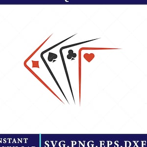 Könnte beinhalten: Grafikdesign mit vier Spielkartenfarben: Karo, Pik, Kreuz und Herz. Die Farben sind in Schwarz und Rot gehalten, mit dem Text "HIGH QUALITY" oben und "INSTANT DOWNLOAD SVG.PNG.EPS.DXF" unten.