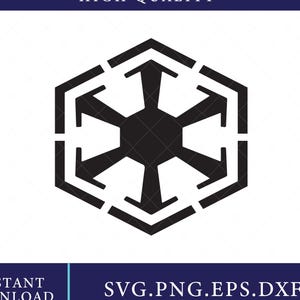 Könnte beinhalten: Ein schwarzes grafisches Symbol mit einem zentralen Sechseck und sechs nach außen gerichteten Pfeilen, umschlossen von einem segmentierten sechseckigen Rand. Der Text HIGH QUALITY steht oben und INSTANT DOWNLOAD SVG.PNG.EPS.DXF unten.