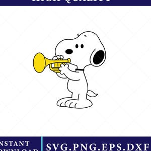 Könnte beinhalten: Schwarz-weiße Cartoon-Illustration eines weißen Hundes, der eine gelbe Trompete spielt. Das Bild enthält den Text "HIGH QUALITY" oben und "INSTANT DOWNLOAD SVG.PNG.EPS.DXF" unten.