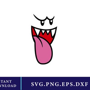 May include: A cartoon illustration of a ghost's face with a wide open mouth, a pink tongue, and sharp teeth. The ghost has black eyebrows and eyes. The image includes the text "INSTANT DOWNLOAD" and "SVG.PNG.EPS.DXF" in a blue and white banner.