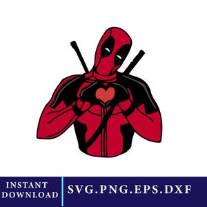 May include: A red and black illustration of a superhero character making a heart shape with their hands. The character is wearing a red suit with black accents and a mask. Two black swords are behind the character. The text "INSTANT DOWNLOAD" and "SVG.PNG.EPS.DXF" are at the bottom.