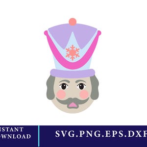 May include: A vector illustration of a nutcracker soldier's face. The soldier has a light skin tone, gray hair, and a gray mustache. He wears a purple hat with pink accents and a snowflake design. The text "INSTANT DOWNLOAD" and "SVG.PNG.EPS.DXF" are displayed.