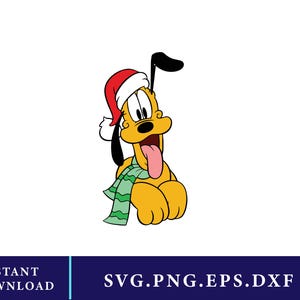 May include: A cartoon illustration of a yellow dog wearing a red and white Santa hat and a green scarf. The dog has a pink tongue sticking out. The image includes the text "INSTANT DOWNLOAD" and "SVG.PNG.EPS.DXF".