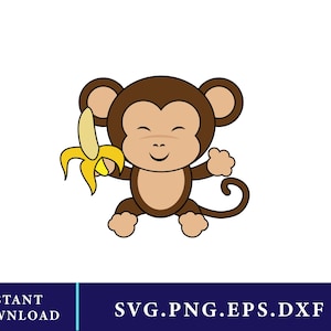Puede incluir: Ilustración de un mono de dibujos animados sosteniendo un plátano amarillo. El mono es marrón y beige con una cara sonriente. La imagen incluye el texto "INSTANT DOWNLOAD" y "SVG.PNG.EPS.DXF" en una pancarta azul oscuro.