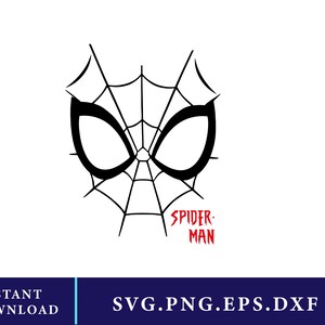 Puede incluir: Gráfico en blanco y negro de la máscara de Spider-Man, con ojos grandes y ovalados y un diseño de telaraña. El texto "SPIDER-MAN" es rojo. Archivo digital disponible para descarga instantánea en formatos SVG, PNG, EPS y DXF.