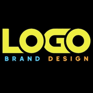 Può includere: Un design grafico che presenta la parola LOGO in grandi lettere maiuscole gialle e in grassetto su uno sfondo nero a tinta unita. Sotto la parola LOGO, il testo BRAND DESIGN appare in lettere maiuscole più piccole e distanziate, con BRAND in azzurro e DESIGN in arancione.