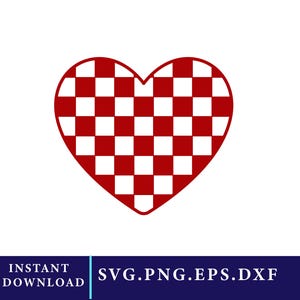May include: A red and white checkered heart shape on a white background. The heart is filled with a grid pattern of alternating red and white squares. Below the heart is the text "INSTANT DOWNLOAD" and "SVG.PNG.EPS.DXF".