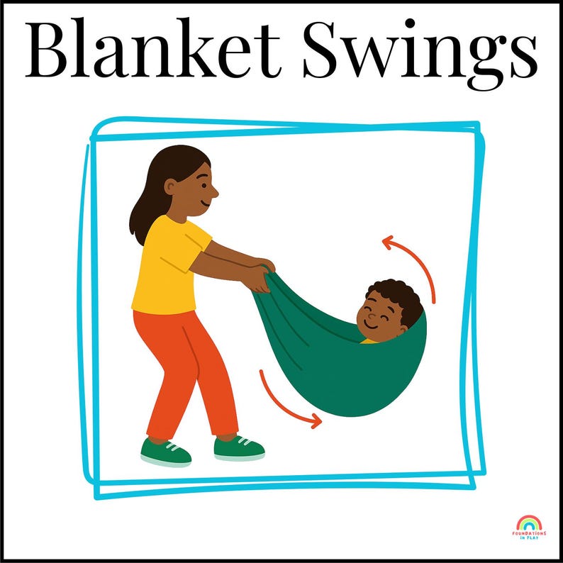 Pu&ograve; includere: Illustrazione di una persona che fa oscillare un bambino in una coperta verde. Il testo in alto recita "Blanket Swings". La persona indossa una maglietta gialla e pantaloni arancioni. Il bambino sorride. Le frecce indicano il movimento.