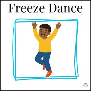 Pu&ograve; includere: Illustrazione di un bambino sorridente con le braccia alzate, che indossa una maglietta gialla, pantaloni blu e scarpe rosse. Le parole "Freeze Dance" sono in alto, con un bordo rettangolare azzurro.
