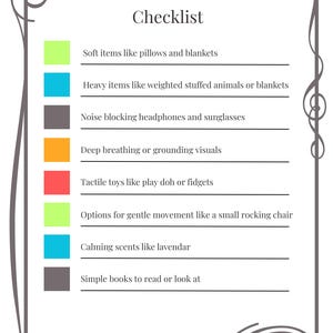 以下が含まれることがあります： 「Calm Down Corner Item Checklist」と題された装飾的なチェックリスト。枕、毛布、重みのあるぬいぐるみ、ノイズキャンセリングヘッドフォン、深呼吸の視覚資料、触覚玩具などのアイテムが含まれています。