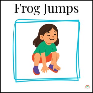 Pu&ograve; includere: Illustrazione di un bambino in posizione di salto della rana, con una maglietta verde, pantaloncini arancioni e scarpe viola. Le parole "Frog Jumps" sono in alto, con un bordo blu intorno all'immagine.