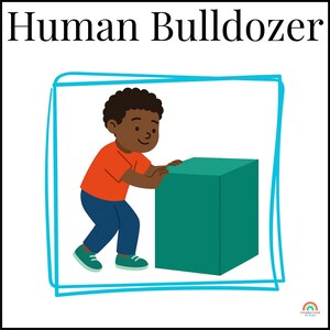 Pu&ograve; includere: Illustrazione di un bambino che spinge un cubo verde acqua, con le parole "Human Bulldozer" in alto. Il bambino indossa una maglietta arancione, pantaloni blu e scarpe verdi. Un bordo blu disegnato a mano circonda l'immagine.
