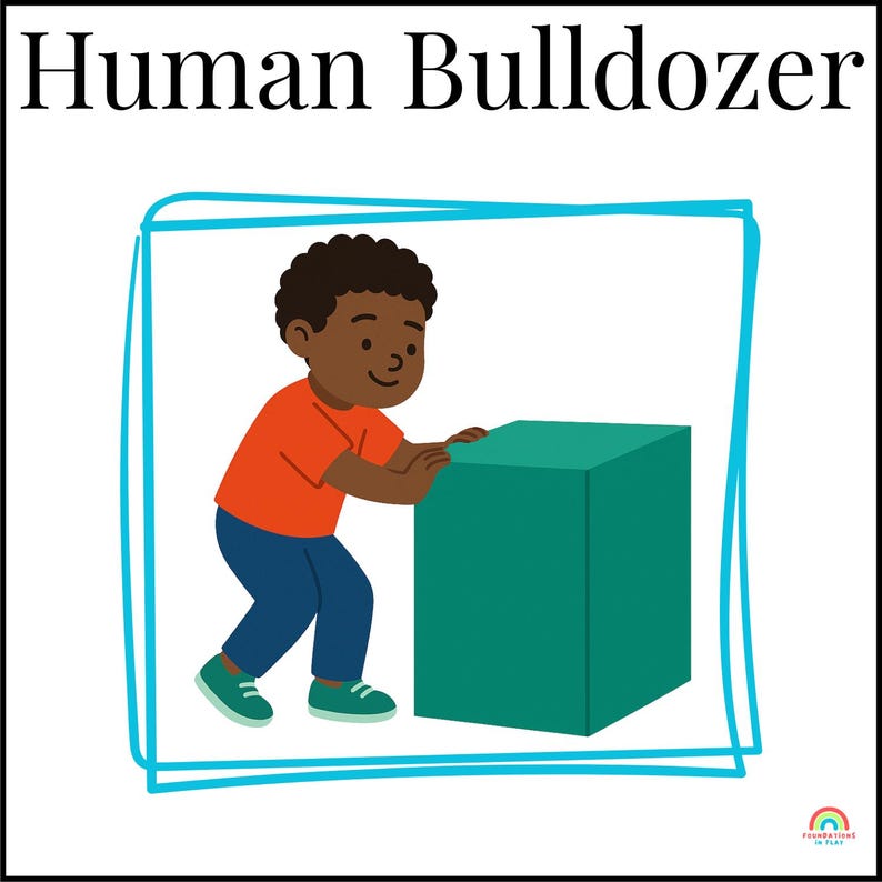Pu&ograve; includere: Illustrazione di un bambino che spinge un cubo verde acqua, con le parole "Human Bulldozer" in alto. Il bambino indossa una maglietta arancione, pantaloni blu e scarpe verdi. Un bordo blu disegnato a mano circonda l'immagine.