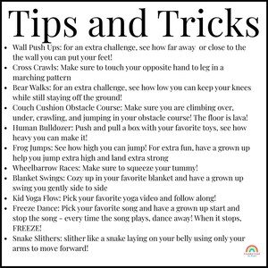 Pu&ograve; includere: Immagine in bianco e nero con le parole "Tips and Tricks" in alto. L'immagine contiene un elenco di attivit&agrave; divertenti per bambini, tra cui flessioni a muro, incroci, camminate di orsi e percorsi a ostacoli.