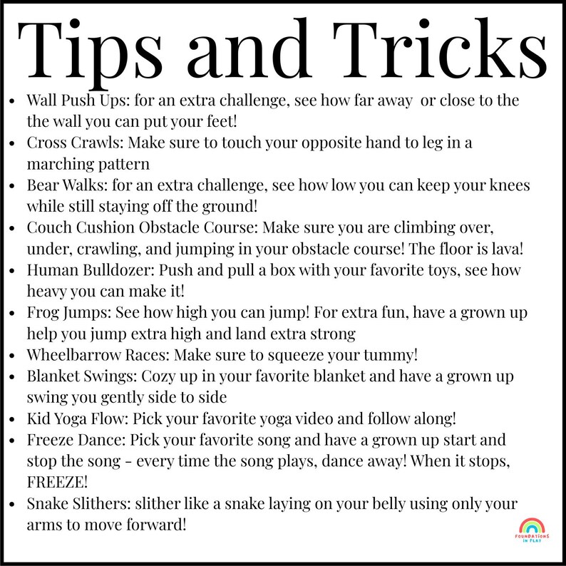 Pu&ograve; includere: Immagine in bianco e nero con le parole "Tips and Tricks" in alto. L'immagine contiene un elenco di attivit&agrave; divertenti per bambini, tra cui flessioni a muro, incroci, camminate di orsi e percorsi a ostacoli.