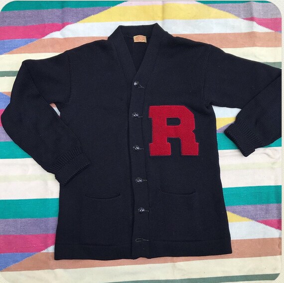 Vintage 50s Midnight Blue Wool Varsity Sweater wit